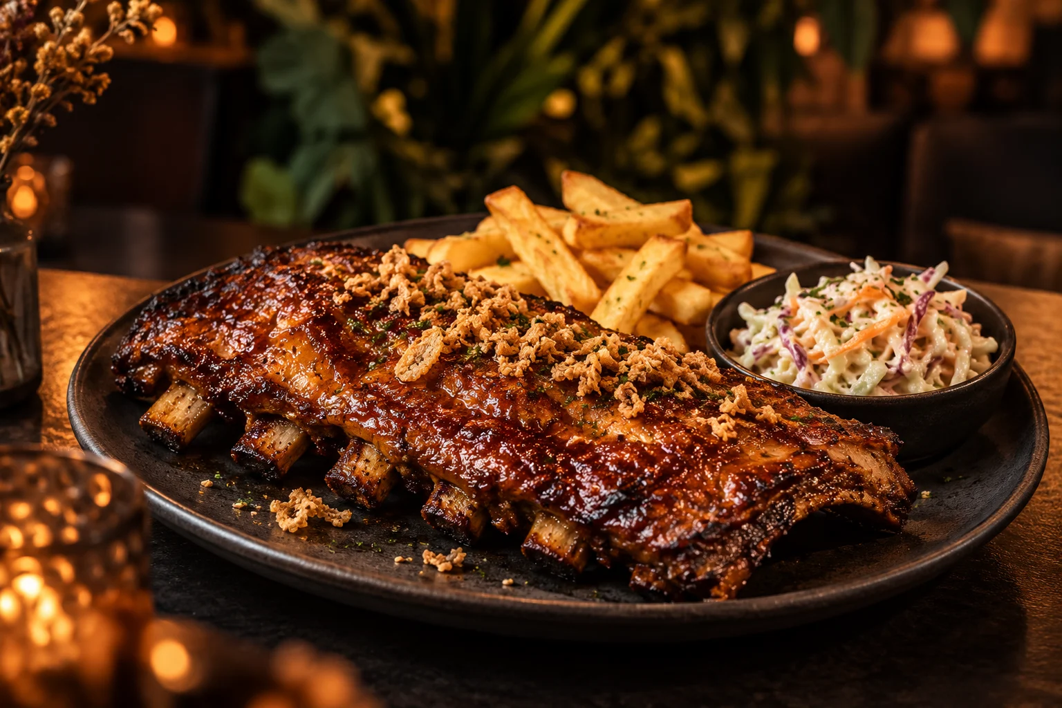 Gegrillte Spare Ribs mit Pommes, Coleslaw und knusprigen Zwiebeln auf einem dunklen Teller
