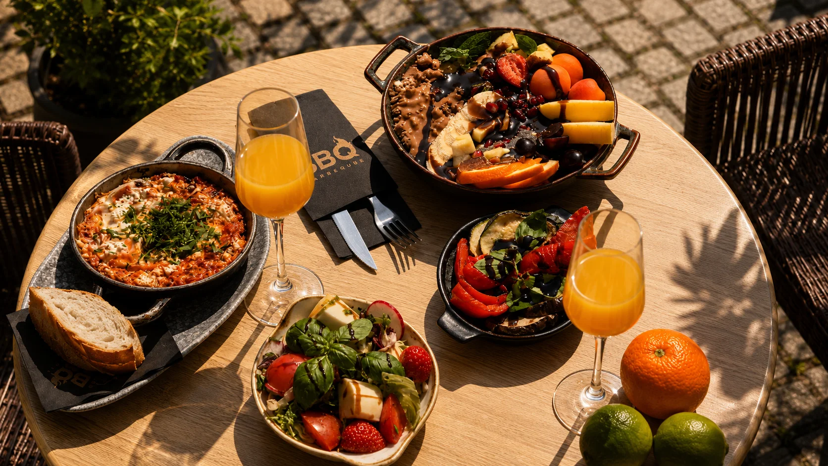 Frühstückstisch von oben mit Shakshuka, Salat, Bowl und Saft